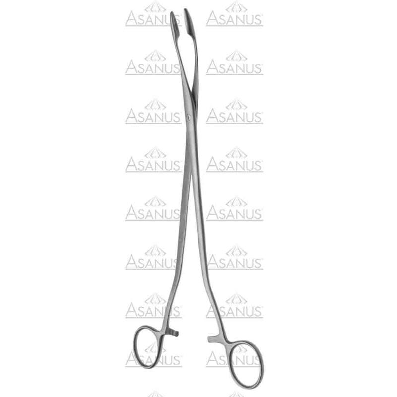 Зажими (корнцанг) для спонжів та опер білизни, для захвату тканин та органів, вигнуті, з жолобом, довжина 235 мм. Бренд - Asanus Medizintechnik Gmb, Німеччина